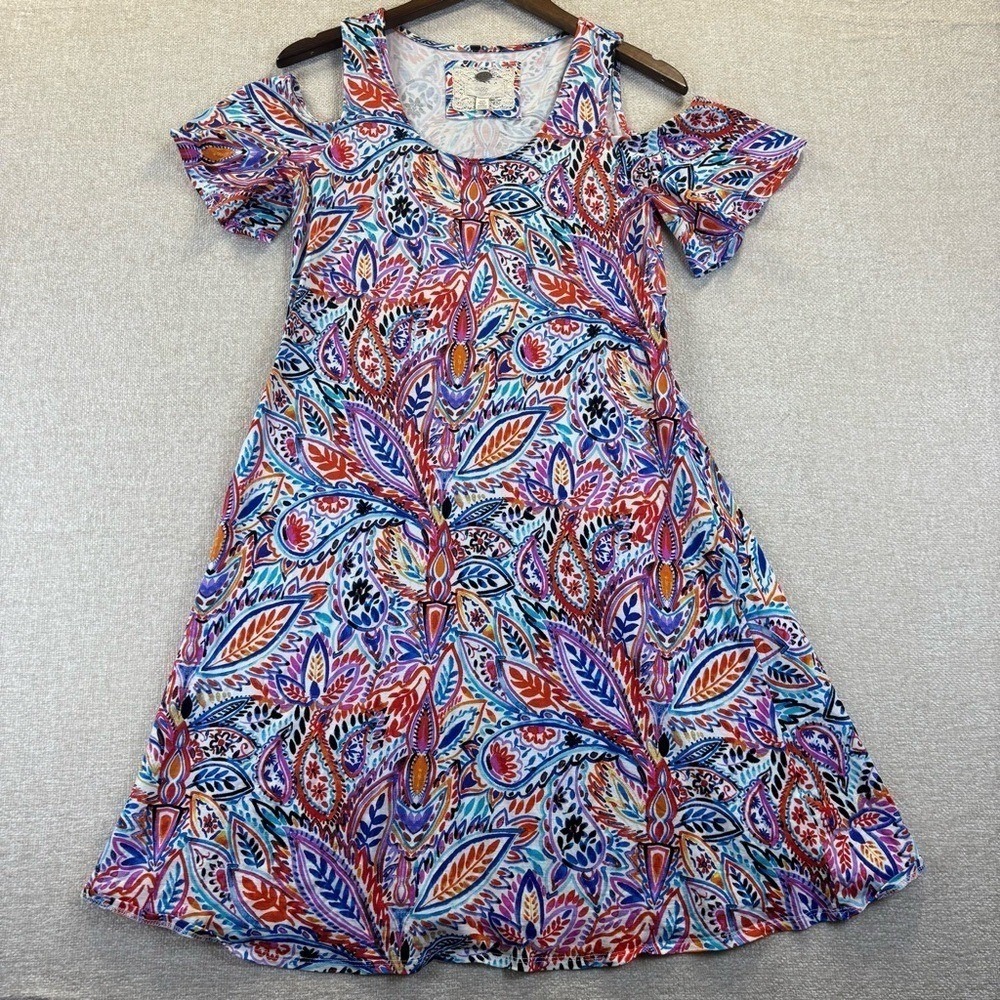 Cupio Womens Medium Paisley Cold Shoulder A-Line Dress Multi-Color Boho Stretch